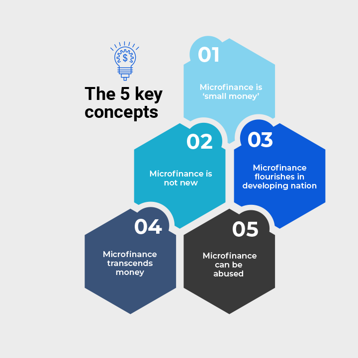 A simple infographic summarising the 5 main concepts of microfinance