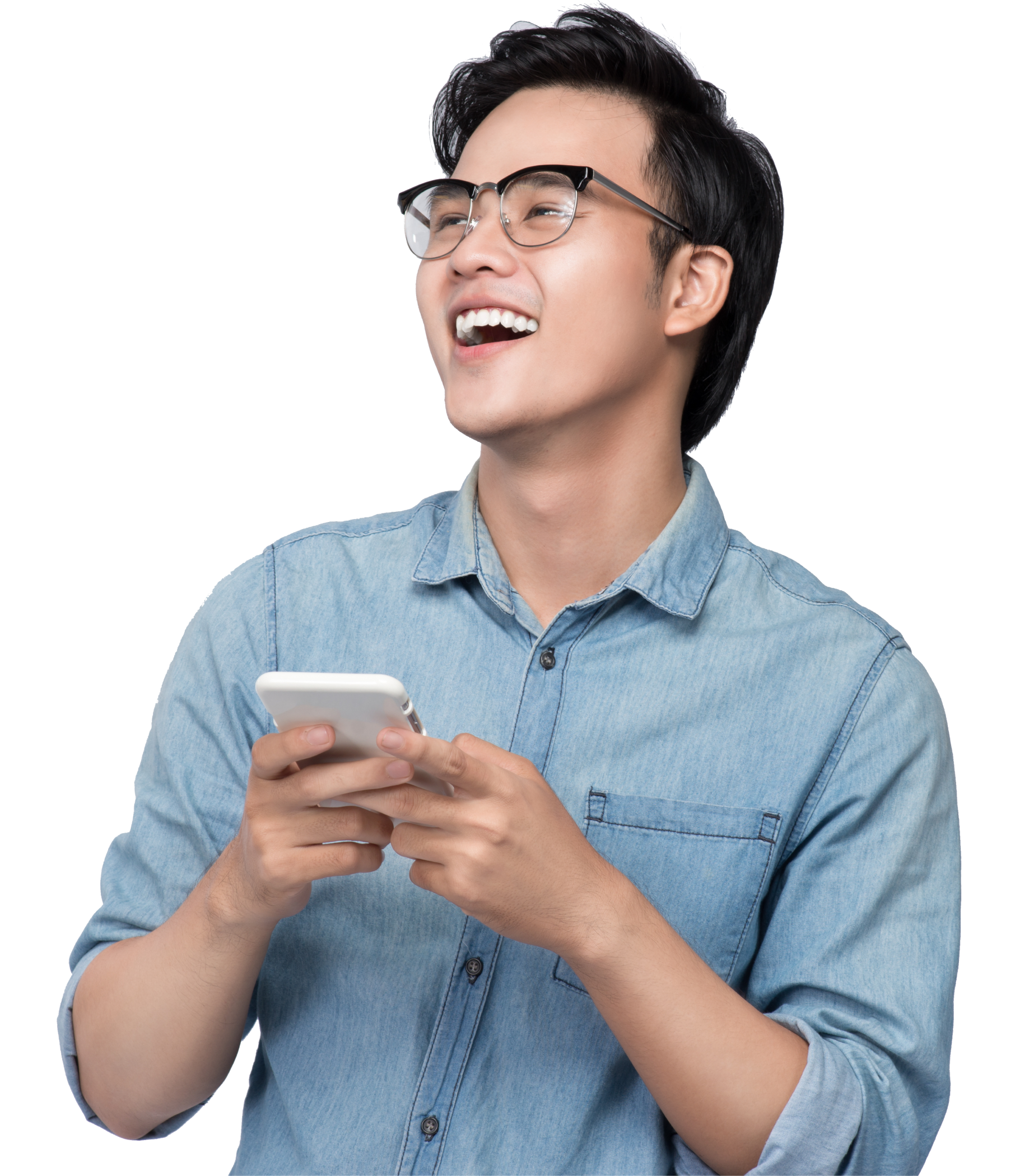 A bespectacled young man happily checking out the money lender loans offered by MM Credit, a reliable licensed money lender in Singapore