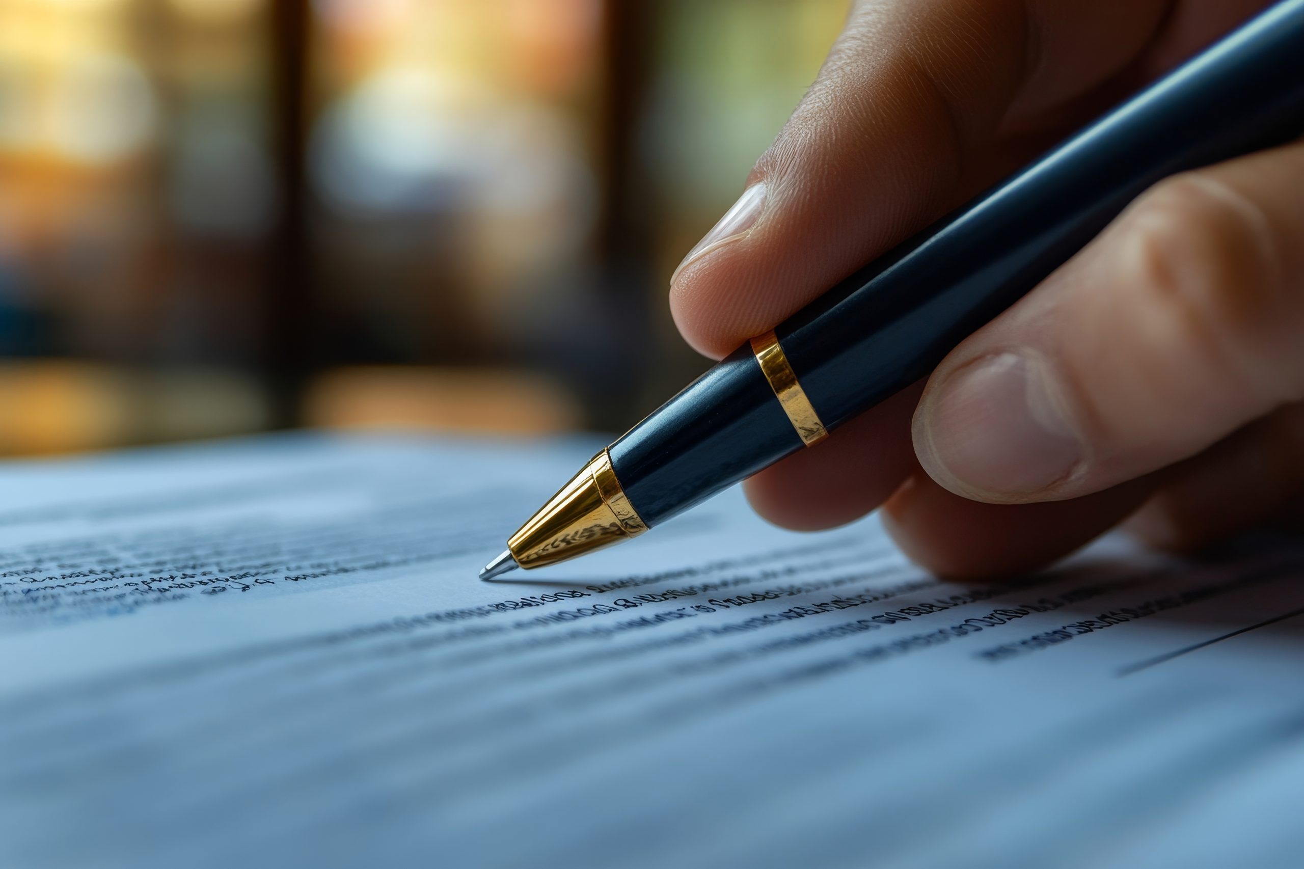 A close-up of a hand holding a pen, trailing the terms and condition wordings of a personal loan contract