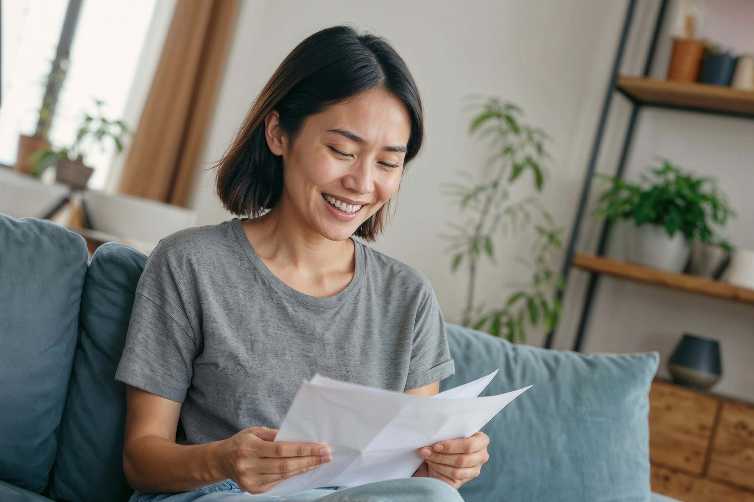 A happy asian woman in grey after getting her monthly loan approved successfully