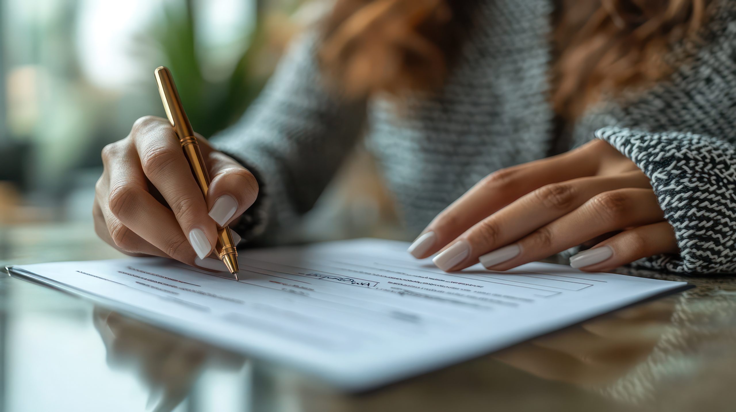 A lady signing a renovation loan contract in-person after getting quick approval from a loan officer