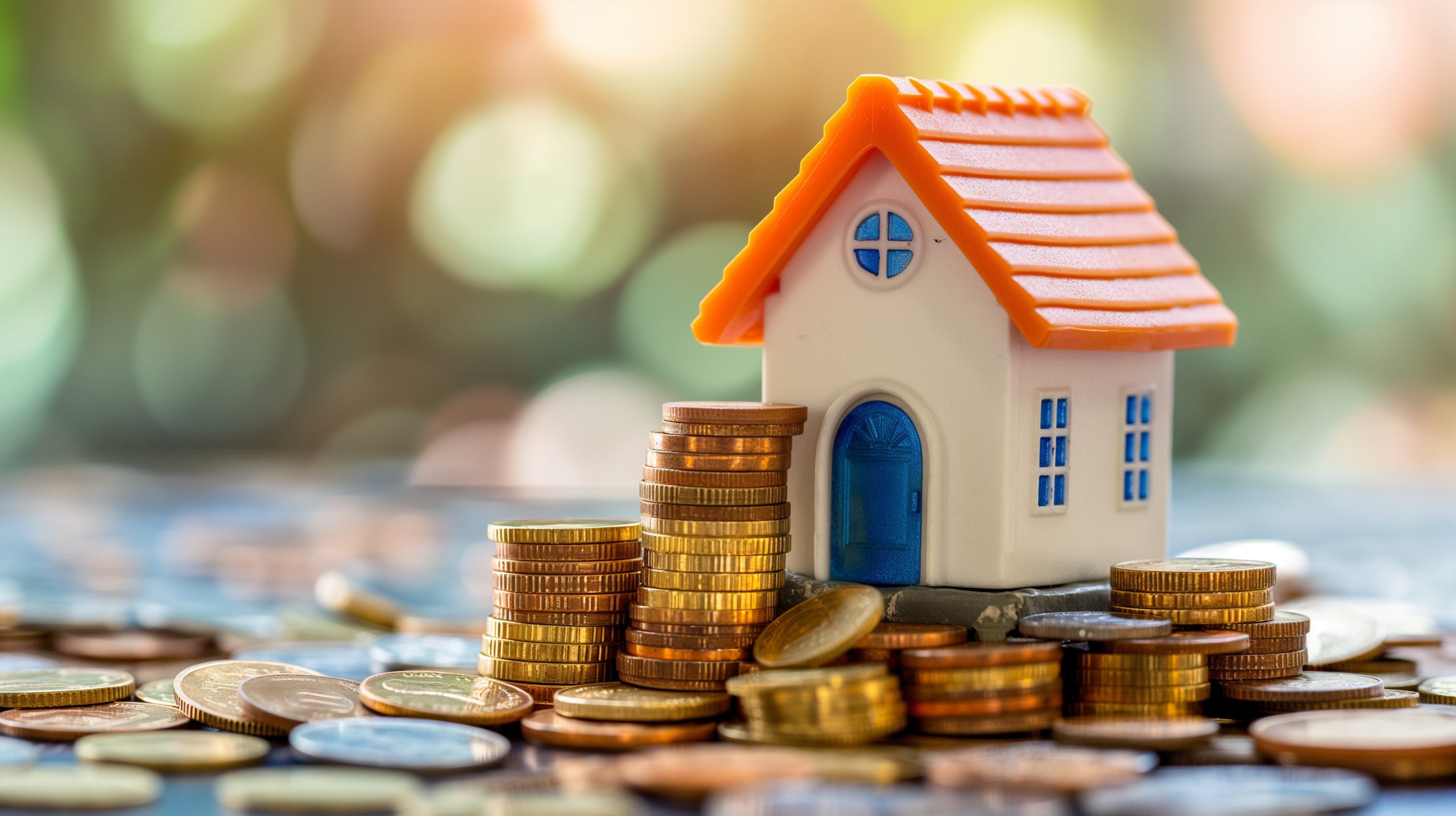 A small house model and stacks of coins signifying collateral for a monthly loan